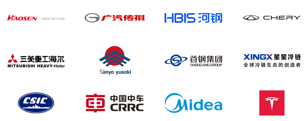 昊森、广汽传媒、河钢、奇瑞、三菱重工海尔、Sanyo yusoki、首钢集团、星星冷链、中船重工、中国中车、美的、特斯拉等企业客户商标列表